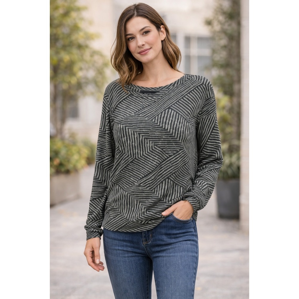 Ellen Tracy Women's Large‎ Gray Jacquard Geometric Sweater Long Sleeve Crewneck